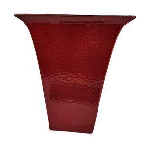Red Textured Ceramic Vase With Glossy Black Interior Rectangular Flared Design 1